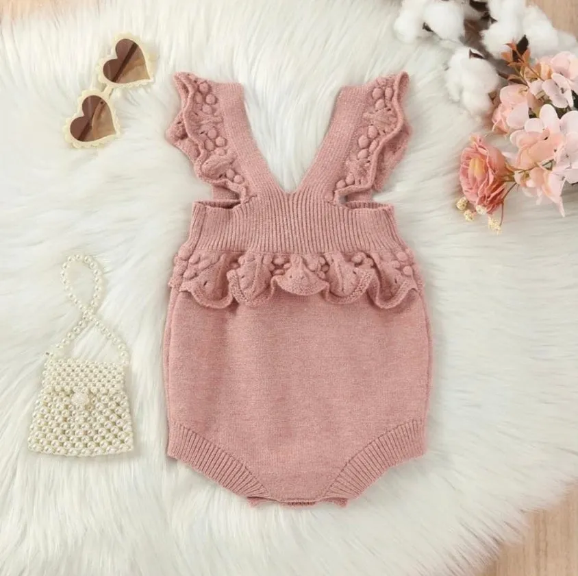 $15.00 EA - 0-3M X 1, 3-6M X 2, 6-12M X 1, 12-24M X 2  -  Baby Girls Dusty Rose Knit Ruffle Shoulder Romper