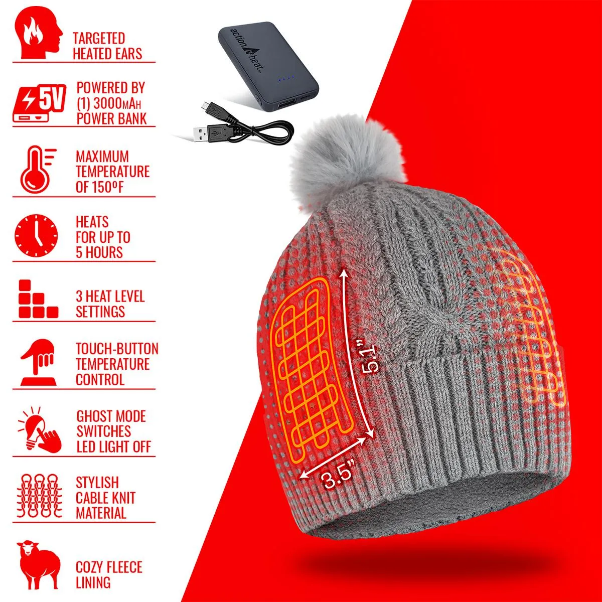 ActionHeat 5V Battery Heated Cable Knit Hat & Slippers Bundle