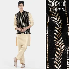 Almond Brown Kurta Set with Jade Black Vertical Sequin Embroidered Designer Nehru Jacket