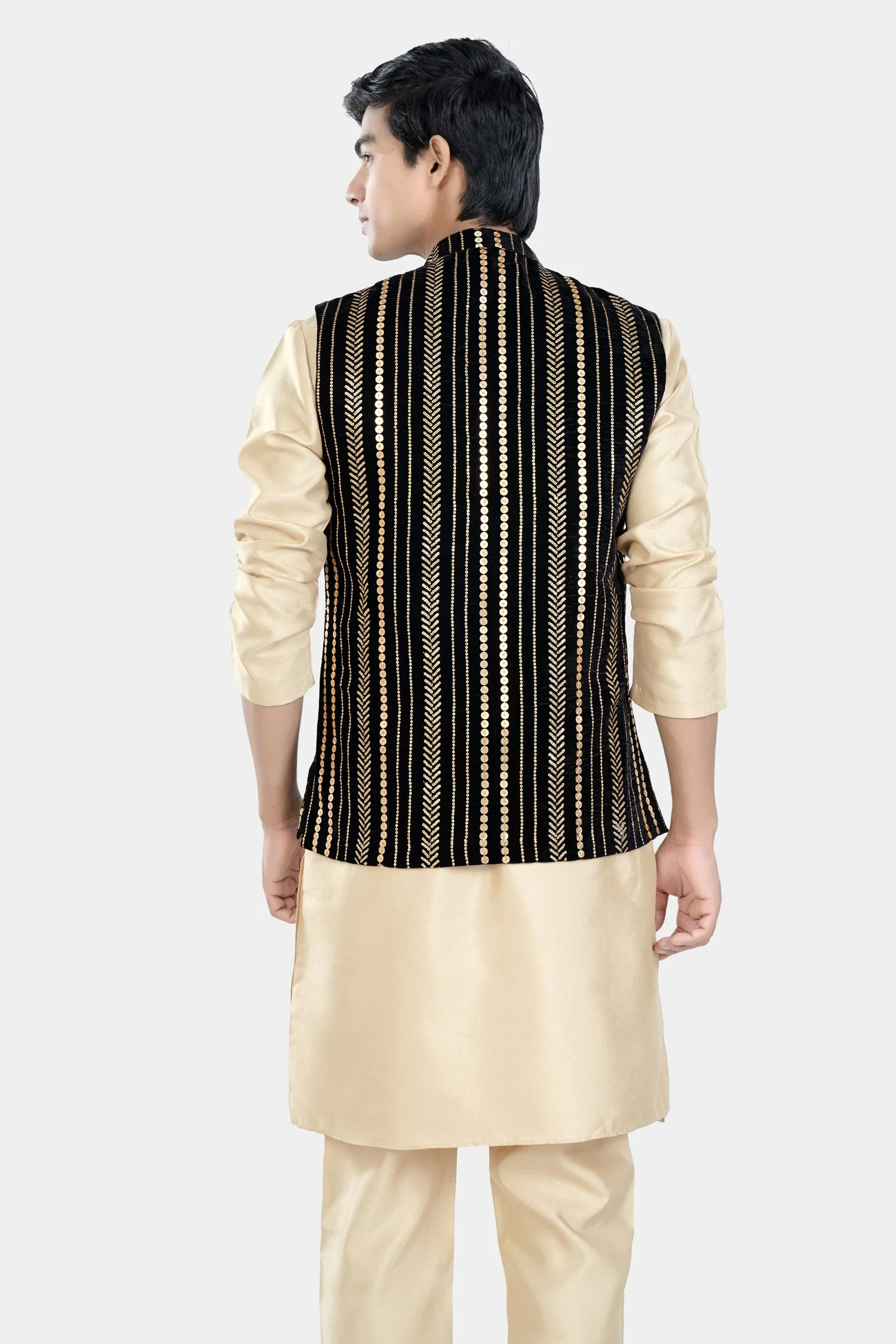 Almond Brown Kurta Set with Jade Black Vertical Sequin Embroidered Designer Nehru Jacket