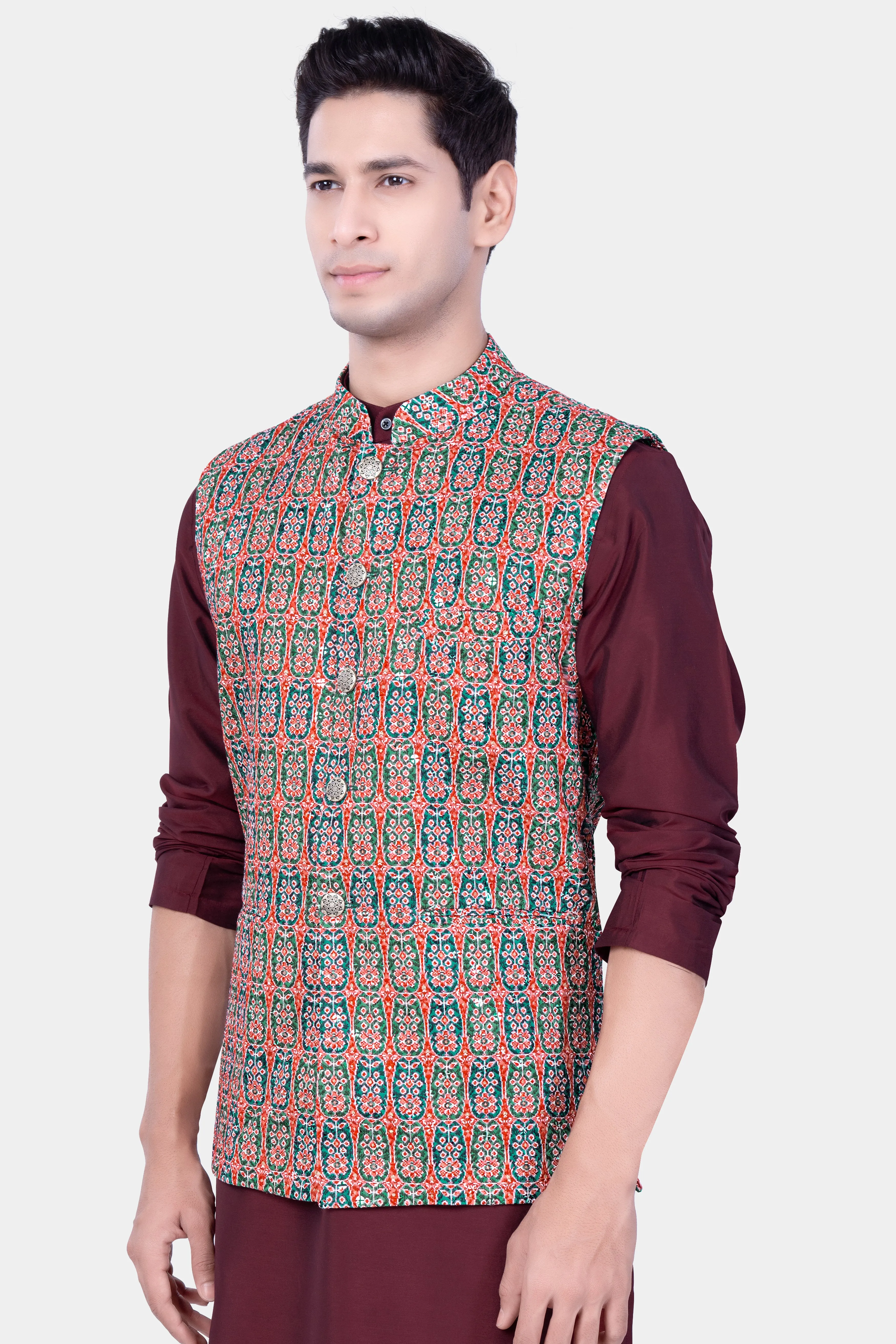 Apricot Red And Genoa Green Designer Thread Embroidered Nehru Jacket