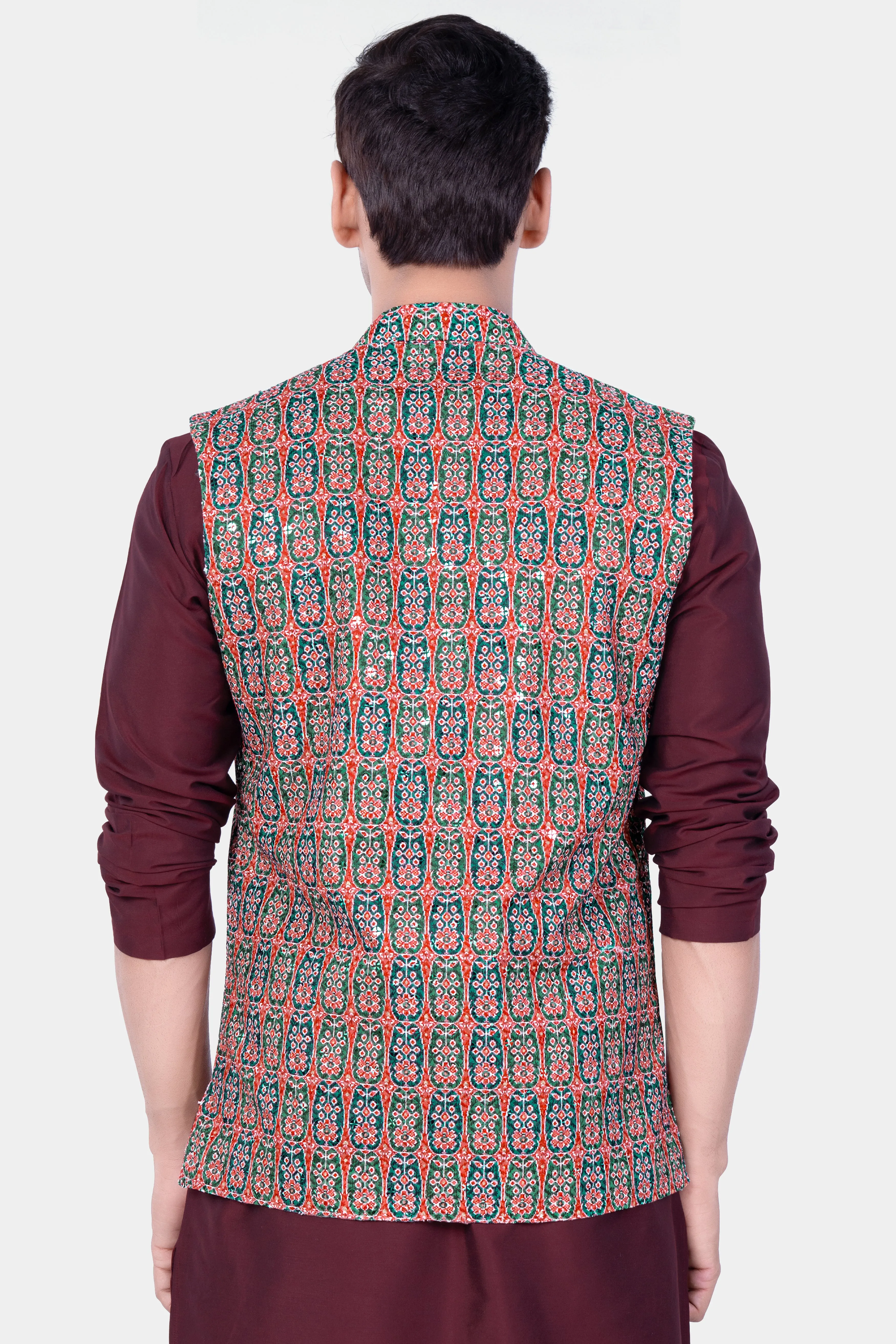 Apricot Red And Genoa Green Designer Thread Embroidered Nehru Jacket