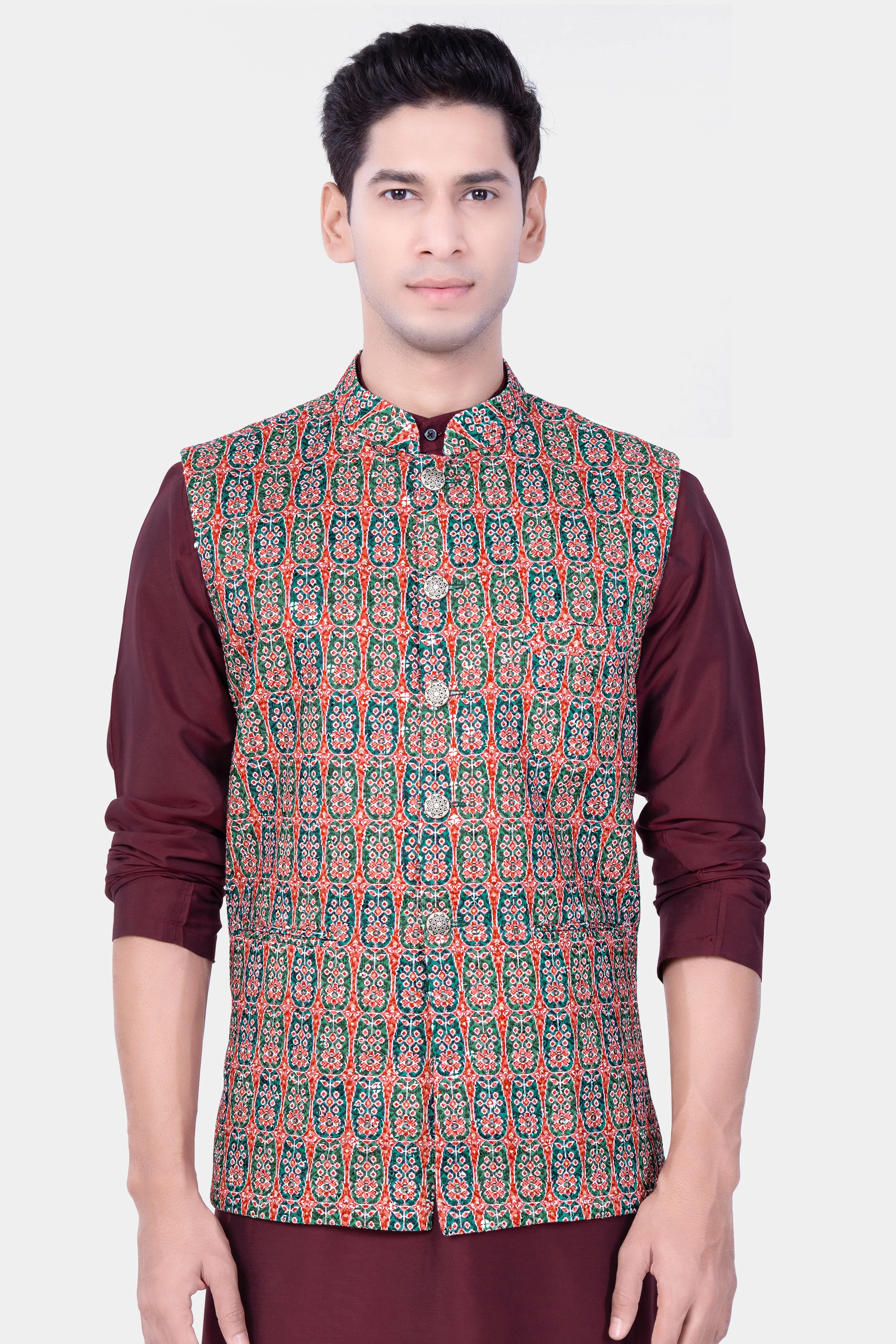 Apricot Red And Genoa Green Designer Thread Embroidered Nehru Jacket