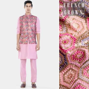 Azalea Pink Kurta Set with Radical Pink and Rhino Blue Multicolour Honeycomb Sequin and Thread Embroidered Designer Nehru Jacket