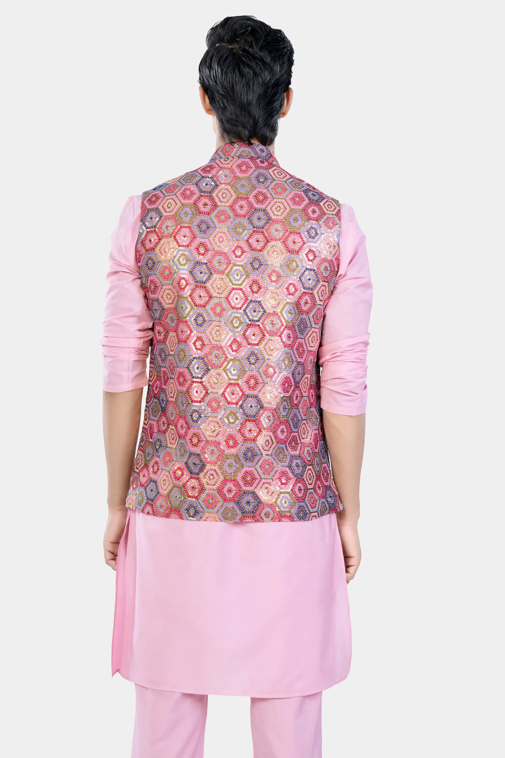 Azalea Pink Kurta Set with Radical Pink and Rhino Blue Multicolour Honeycomb Sequin and Thread Embroidered Designer Nehru Jacket