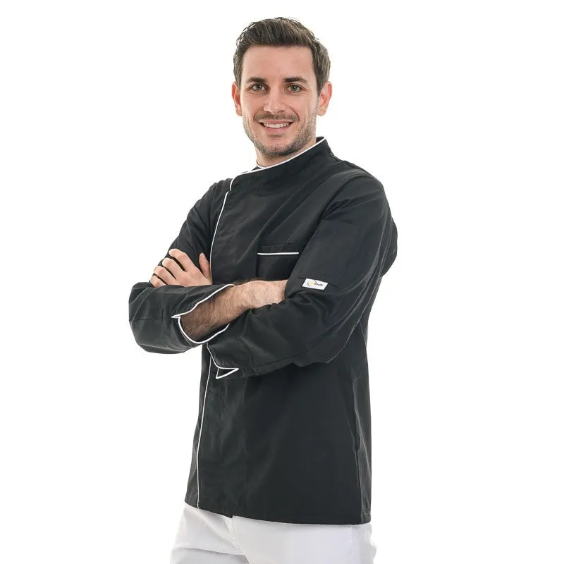 Black Long Sleeve Kitchen Coat with Long White Piping - MANELLI