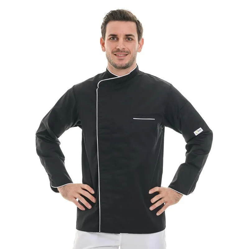 Black Long Sleeve Kitchen Coat with Long White Piping - MANELLI