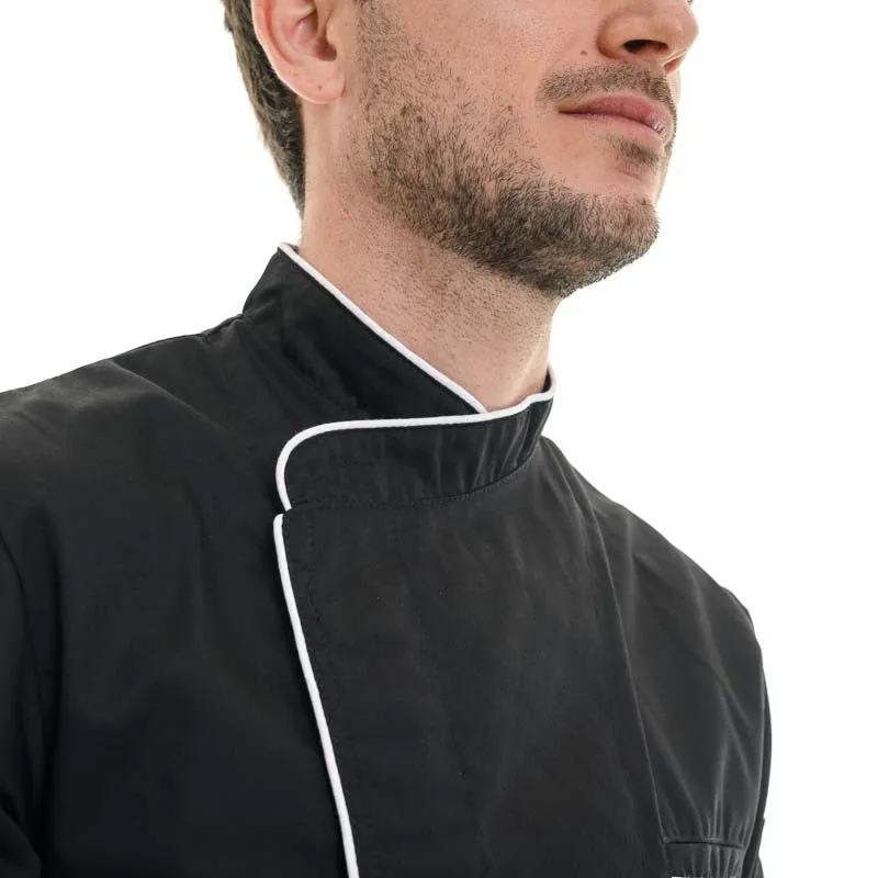 Black Long Sleeve Kitchen Coat with Long White Piping - MANELLI