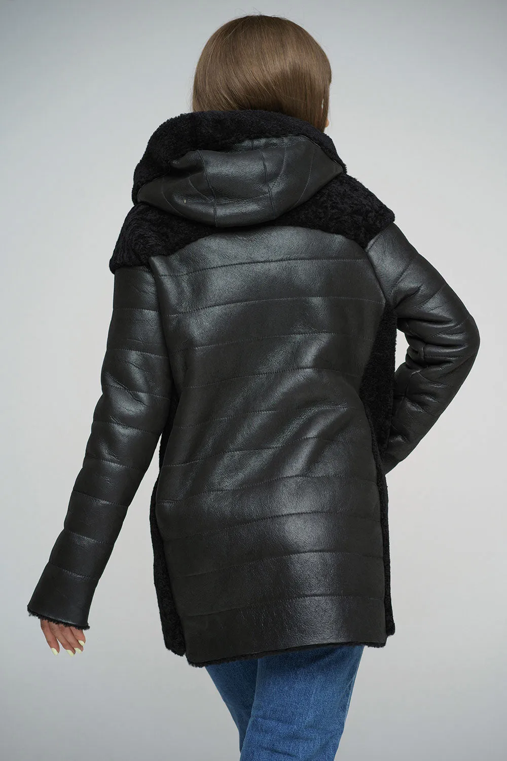 Black Natural Shearling Sheepskin Hooded Jacket