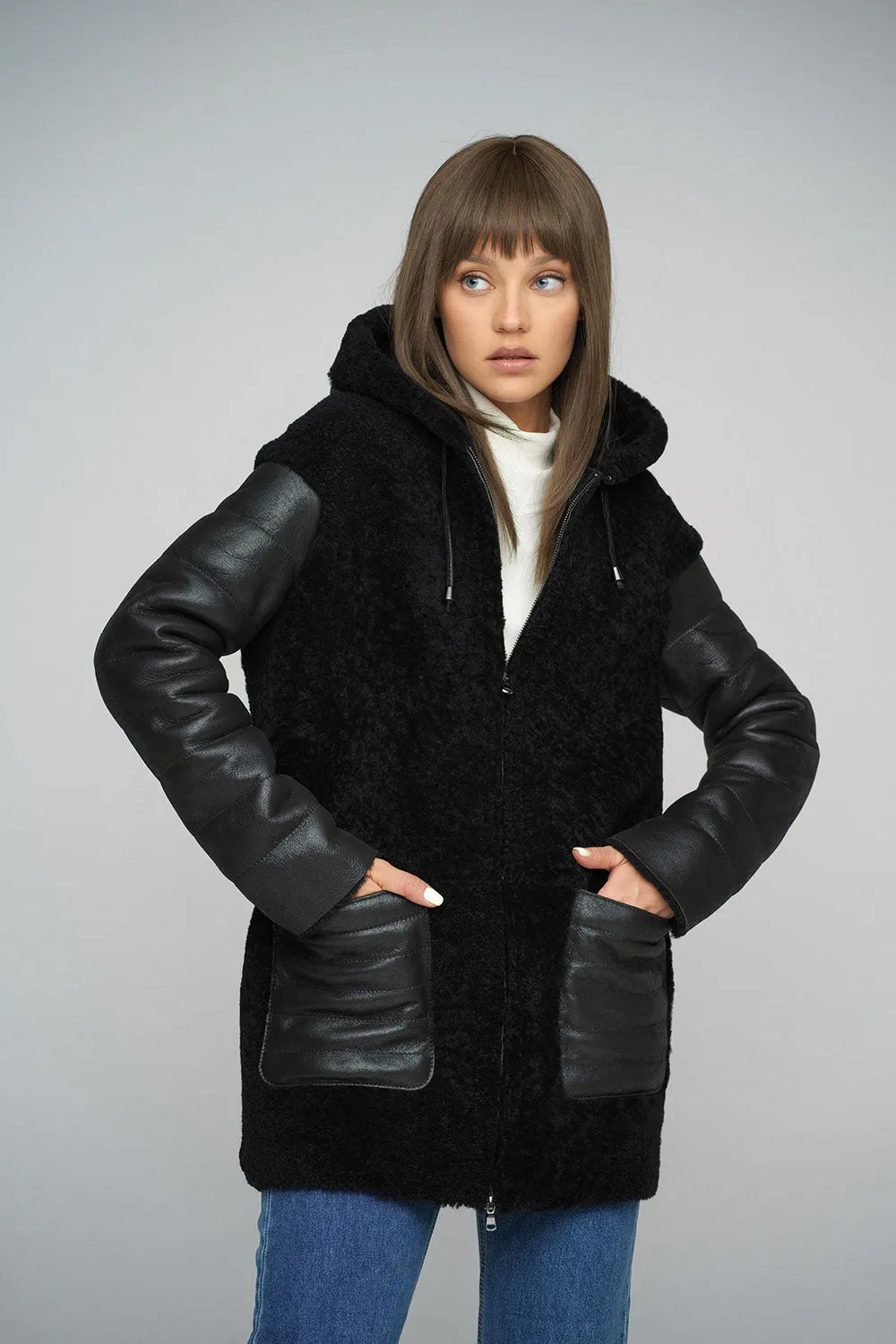 Black Natural Shearling Sheepskin Hooded Jacket