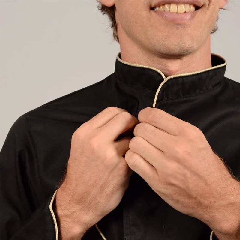 Black Short Sleeve or Long Sleeve Chef Coat with Beige Piping - MANELLI