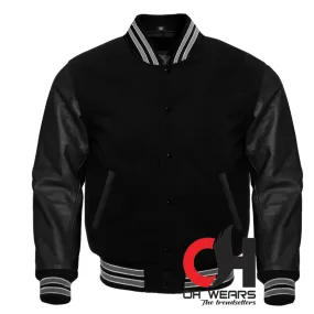 Black Wool and Genuine Black Leather Sleeves Varsity Jacket