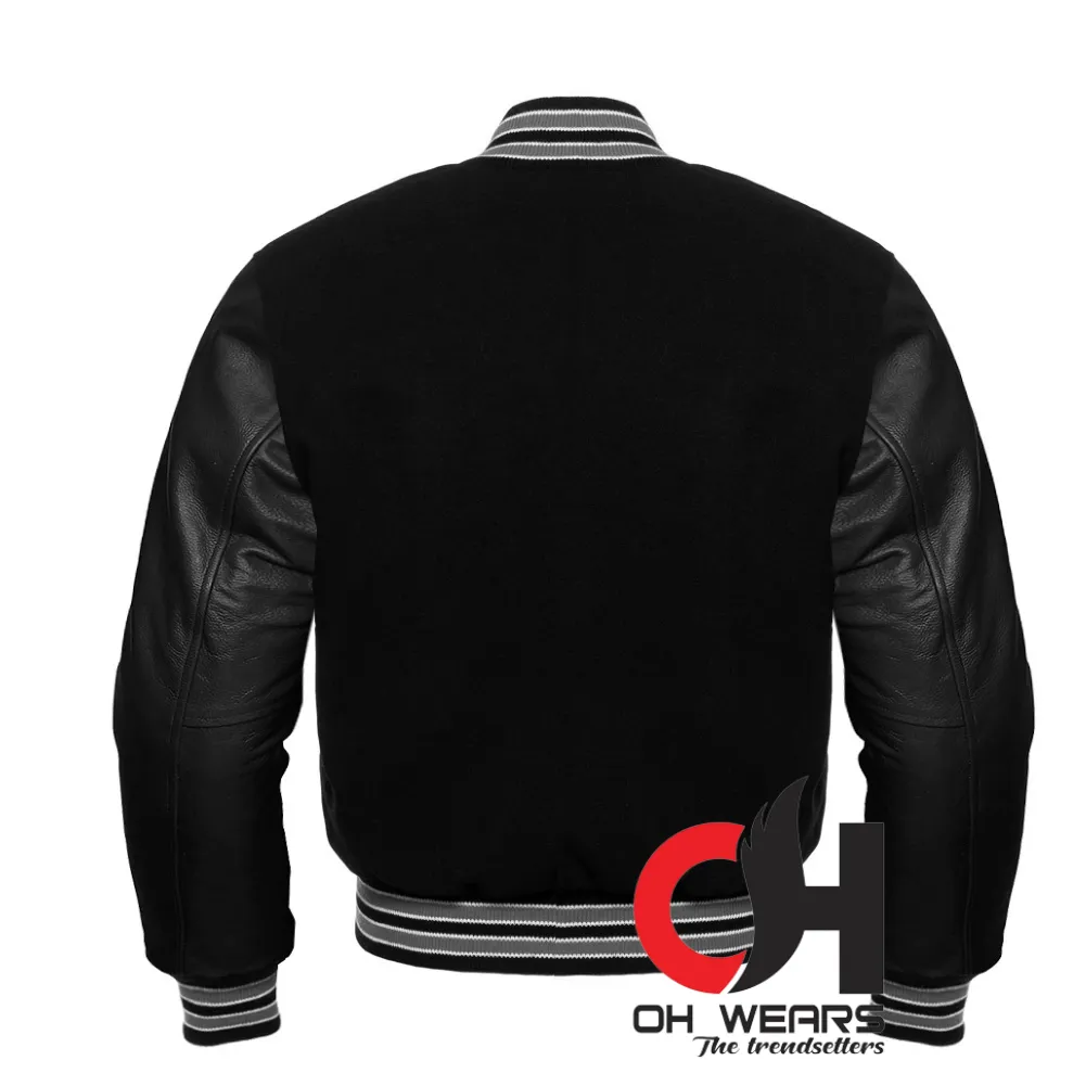 Black Wool and Genuine Black Leather Sleeves Varsity Jacket