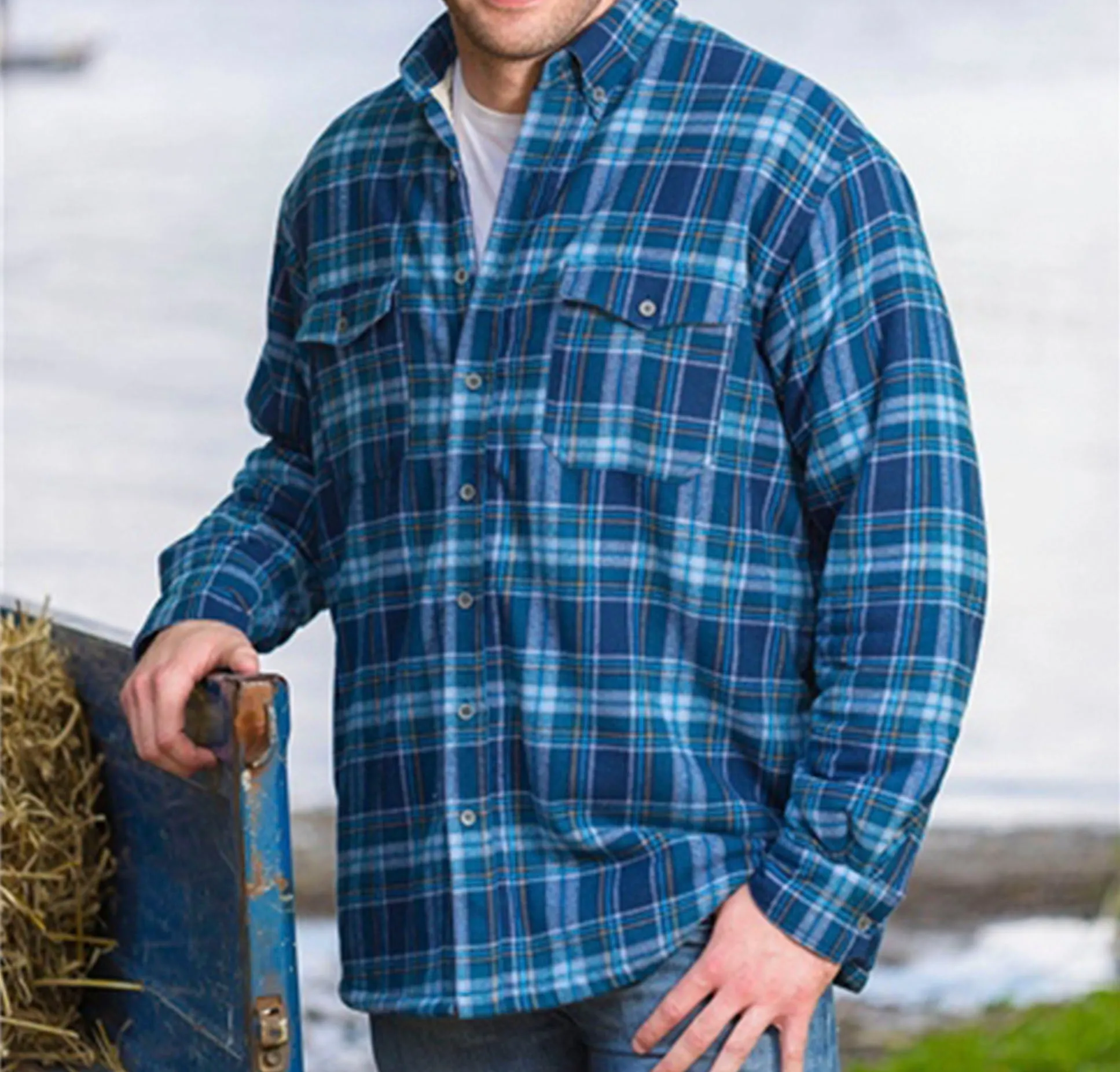 Blue Check Fleece Lined Grandfather Shirt