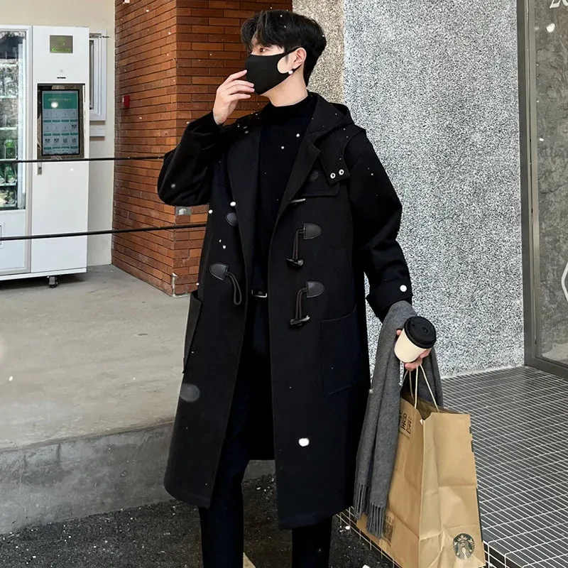 Bonsir Autumn Winter Men's Hooded Coat men Long  trench Coat with Lining Wool Blends Streetwear Knee Coats Casual Men's Outerwear Cloth