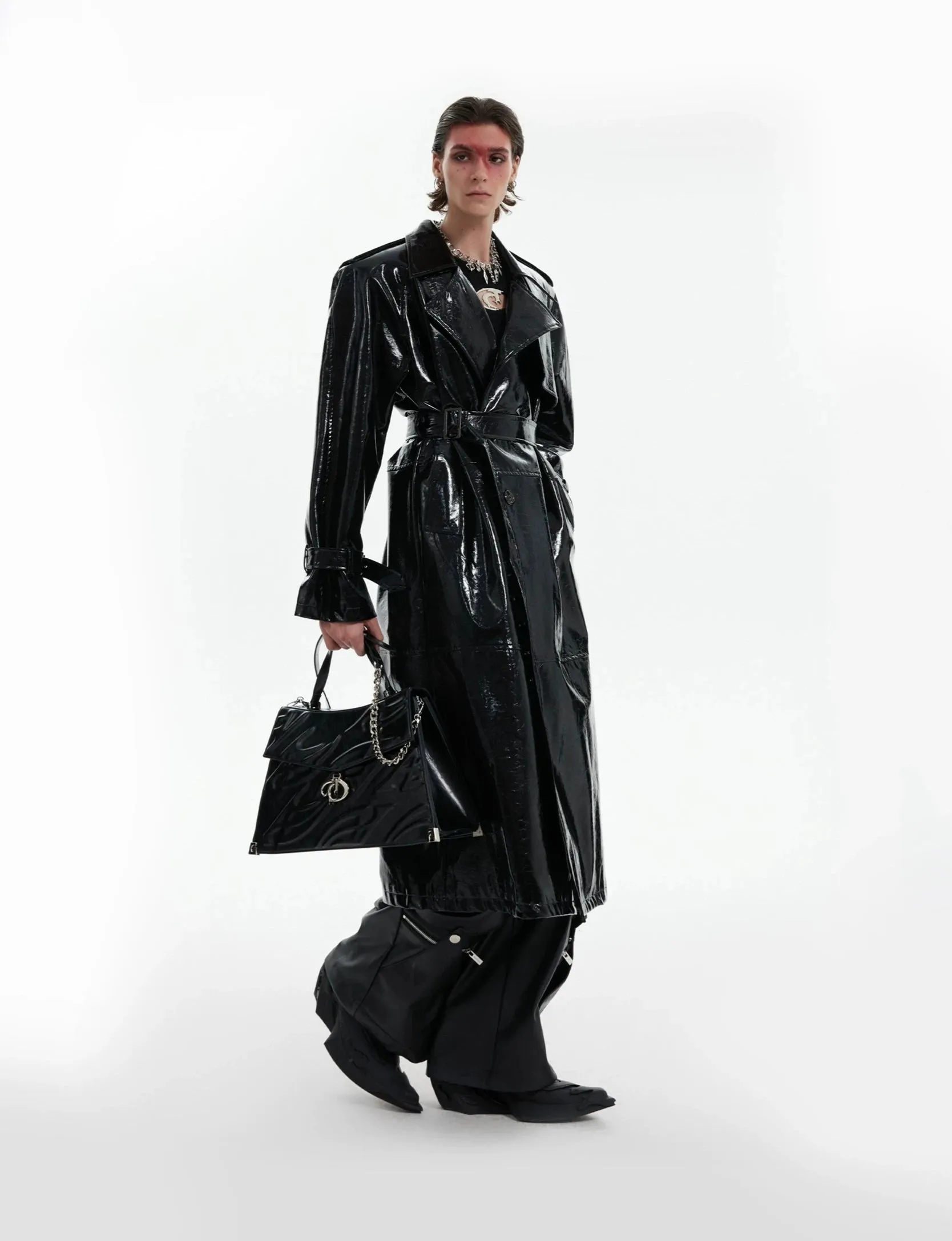 Boxy Vinyl Double Breasted Trench Coat with Belt