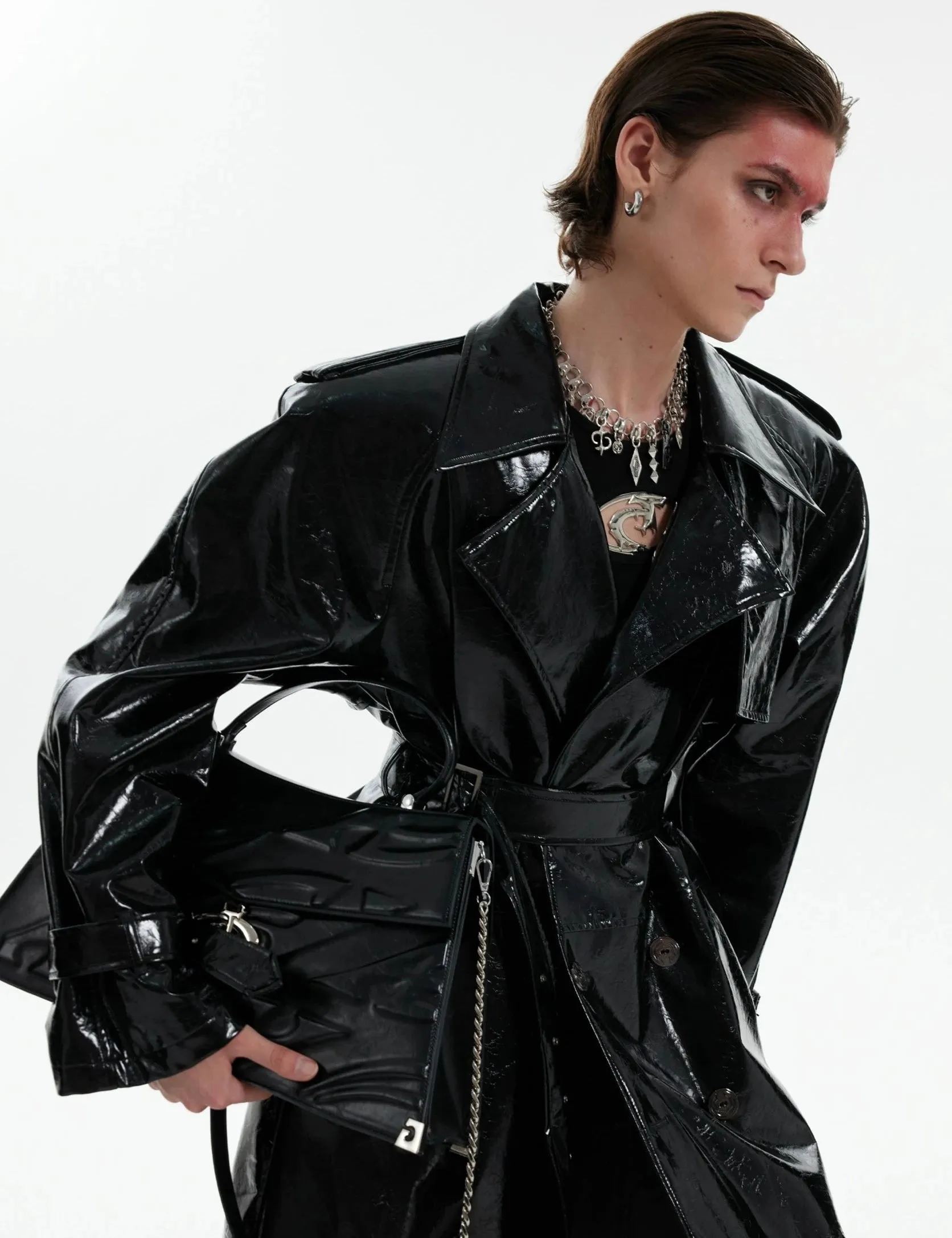 Boxy Vinyl Double Breasted Trench Coat with Belt