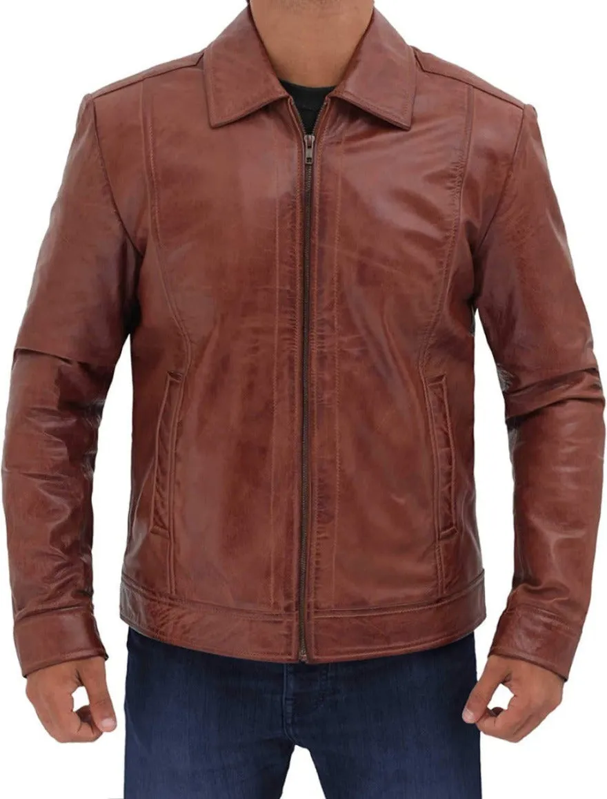 Brown Leather Zip up Jacket