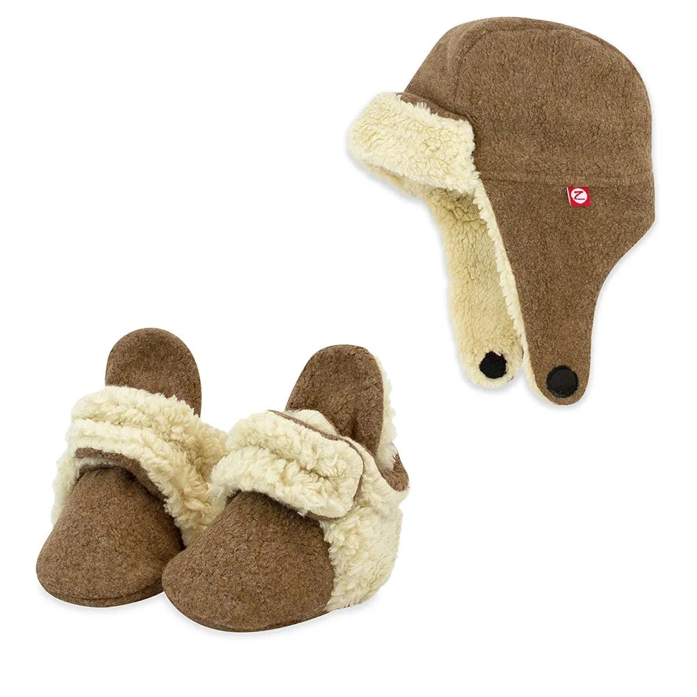 Cozie Furry Bootie & Trapper Hat Set - Heather Mocha