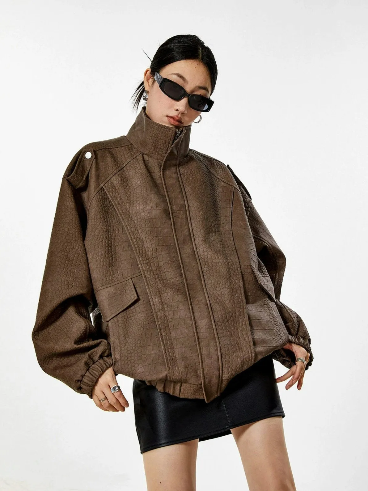 Crocodile Texture Faux Leather Zip Jacket