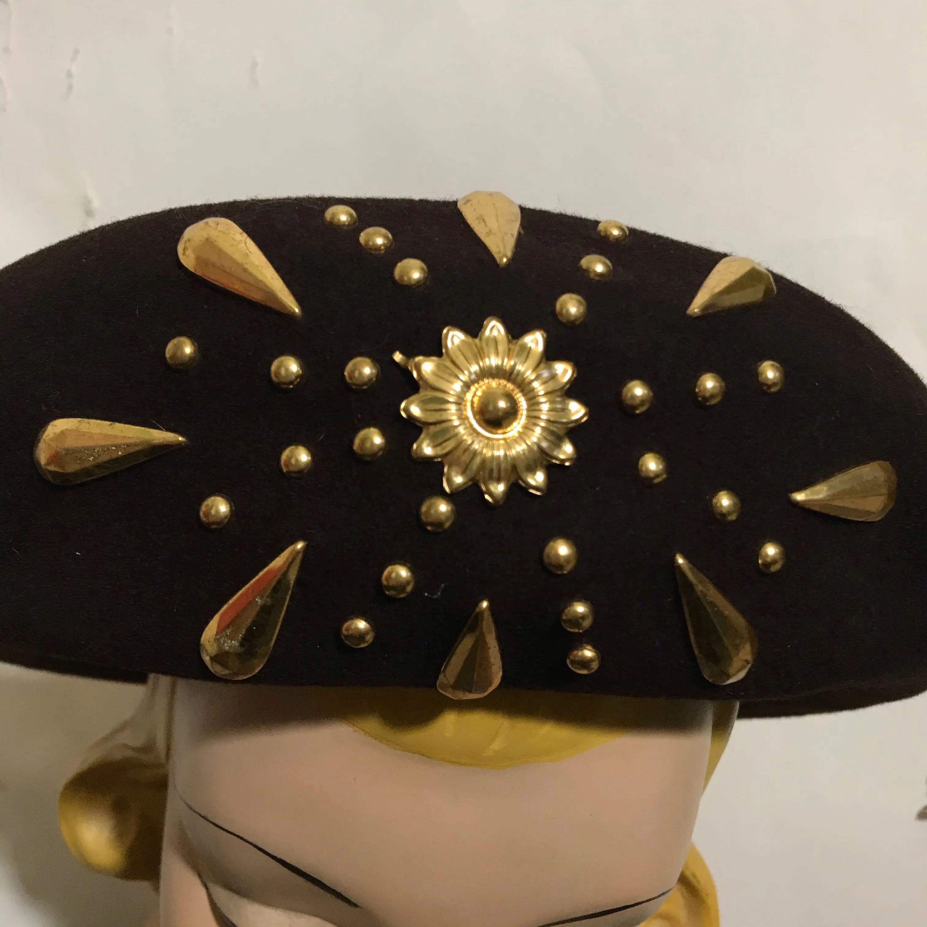 Deep Brown Felted Wool Round Brim Hat with Golden Studs circa 1940s