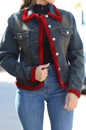 Denim Jacket with Red Fur Trim - Natural/Red