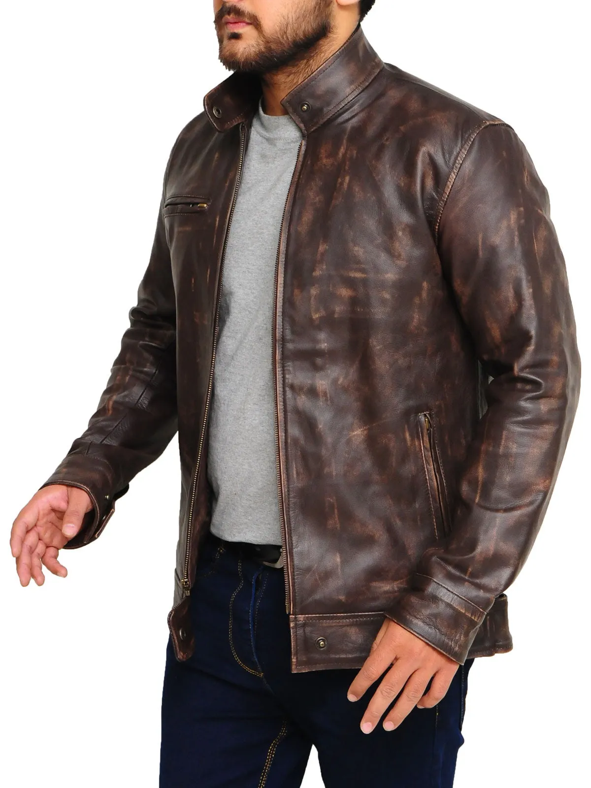 Distressed Brown Snap Tab Jacket