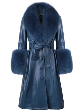 Faux Fur Genuine Leather Coat in Yale Blue