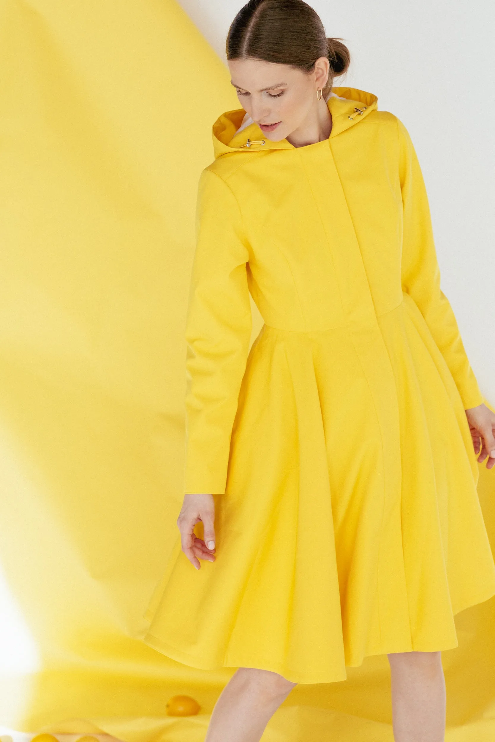 Fitted and Flared Coat with Full Circle Skirt in Bright Yellow | 'Yellow Sun'