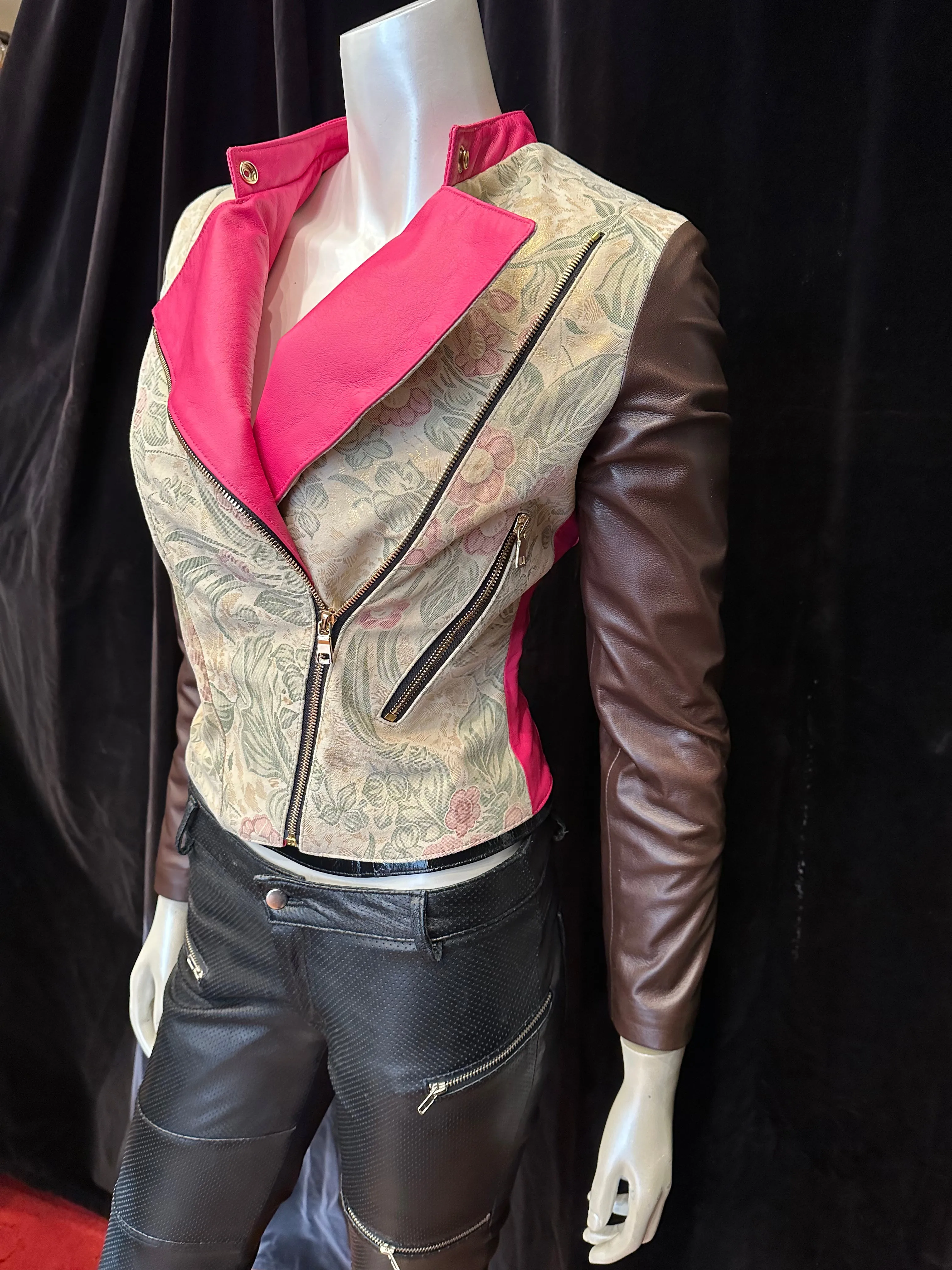 Floral and Fuschia Zip Moto Jacket