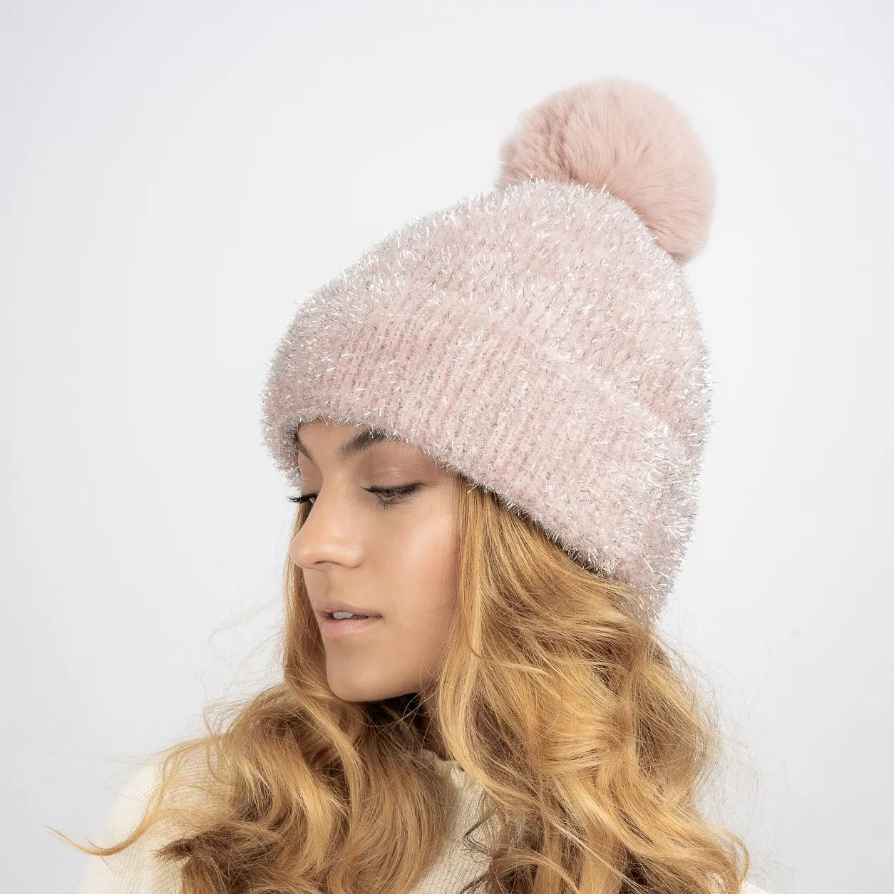 Freya Fluffy Glitter Fleece Lined Beanie - Pink