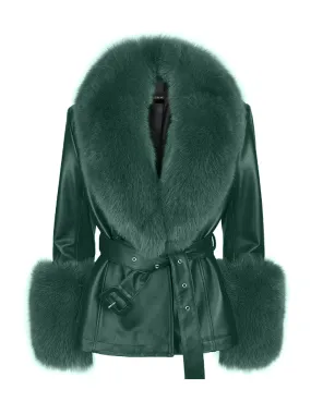 Fur Foxy Leather Short Coat in Deep Green