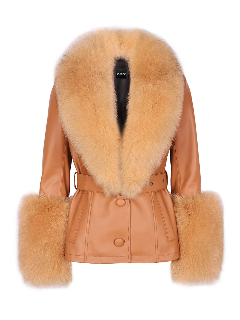 Fur Foxy Leather Short Coat in Tan