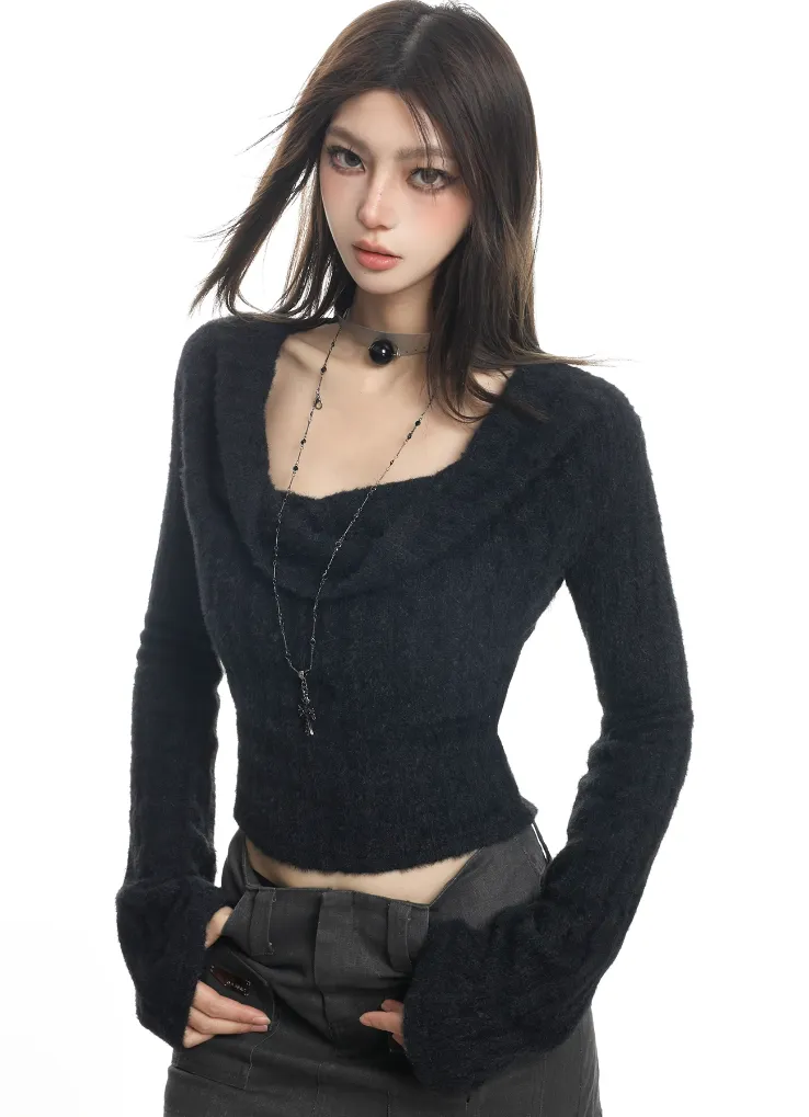 Fuzzy Cowl Neck Long Sleeve Knit Crop Top