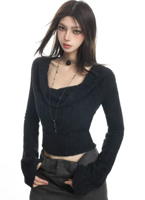 Fuzzy Cowl Neck Long Sleeve Knit Crop Top