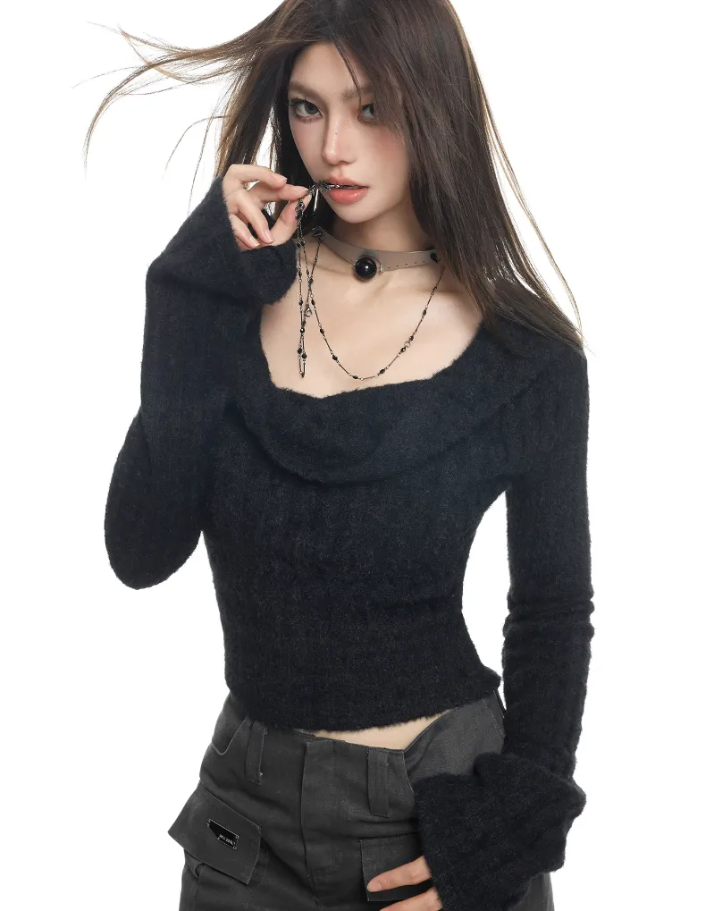 Fuzzy Cowl Neck Long Sleeve Knit Crop Top