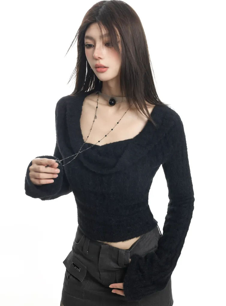 Fuzzy Cowl Neck Long Sleeve Knit Crop Top