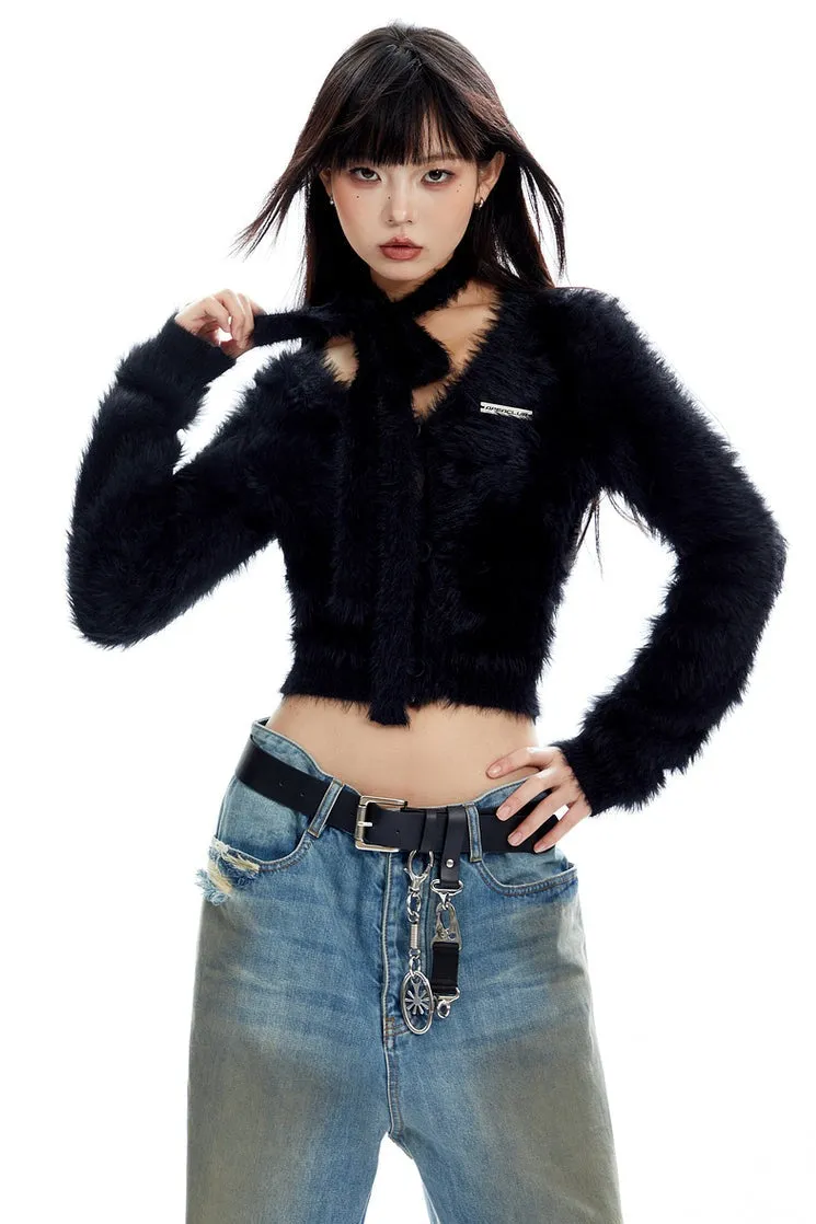 Fuzzy Cropped Scarf-Detail Cardigan with Button Front