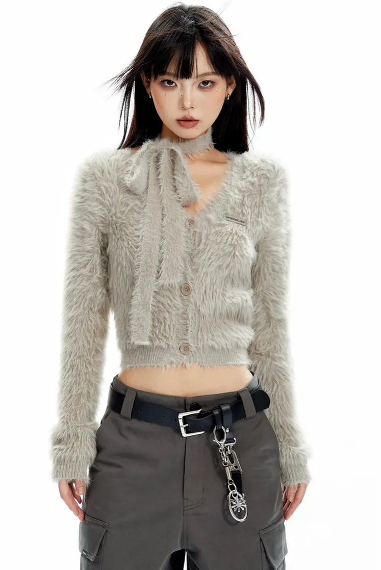 Fuzzy Cropped Scarf-Detail Cardigan with Button Front