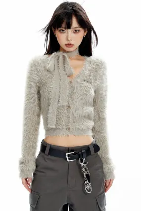 Fuzzy Cropped Scarf-Detail Cardigan with Button Front