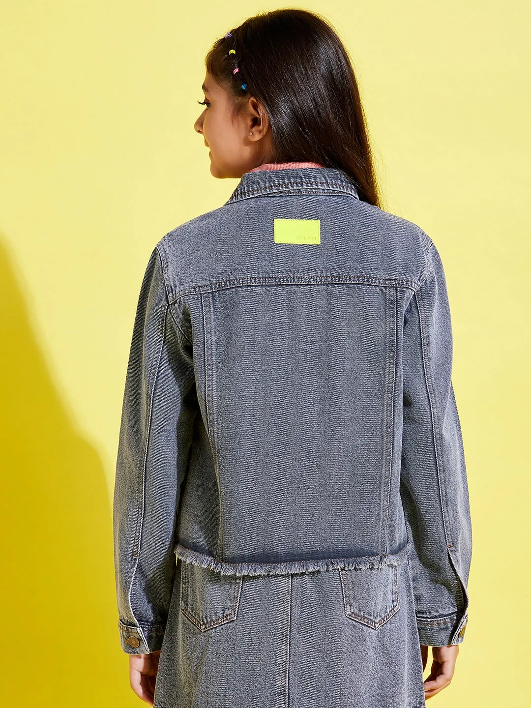 Girls Grey Acid Wash Raw Hem Denim Crop Jacket