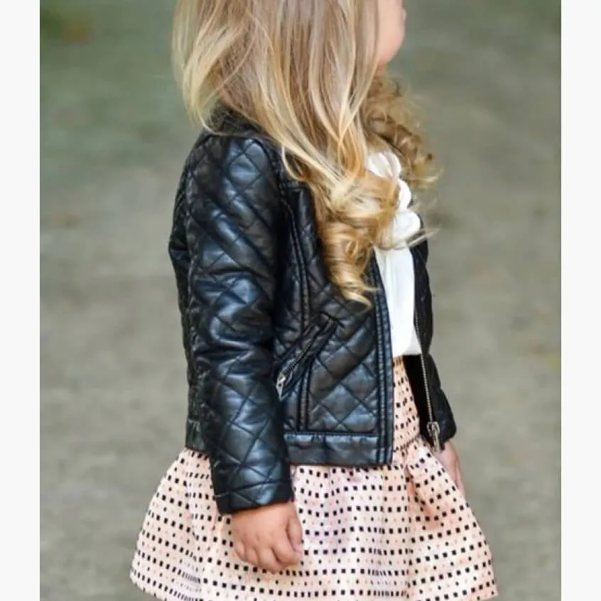 Girls Quilted Pure Black Leather Jacket