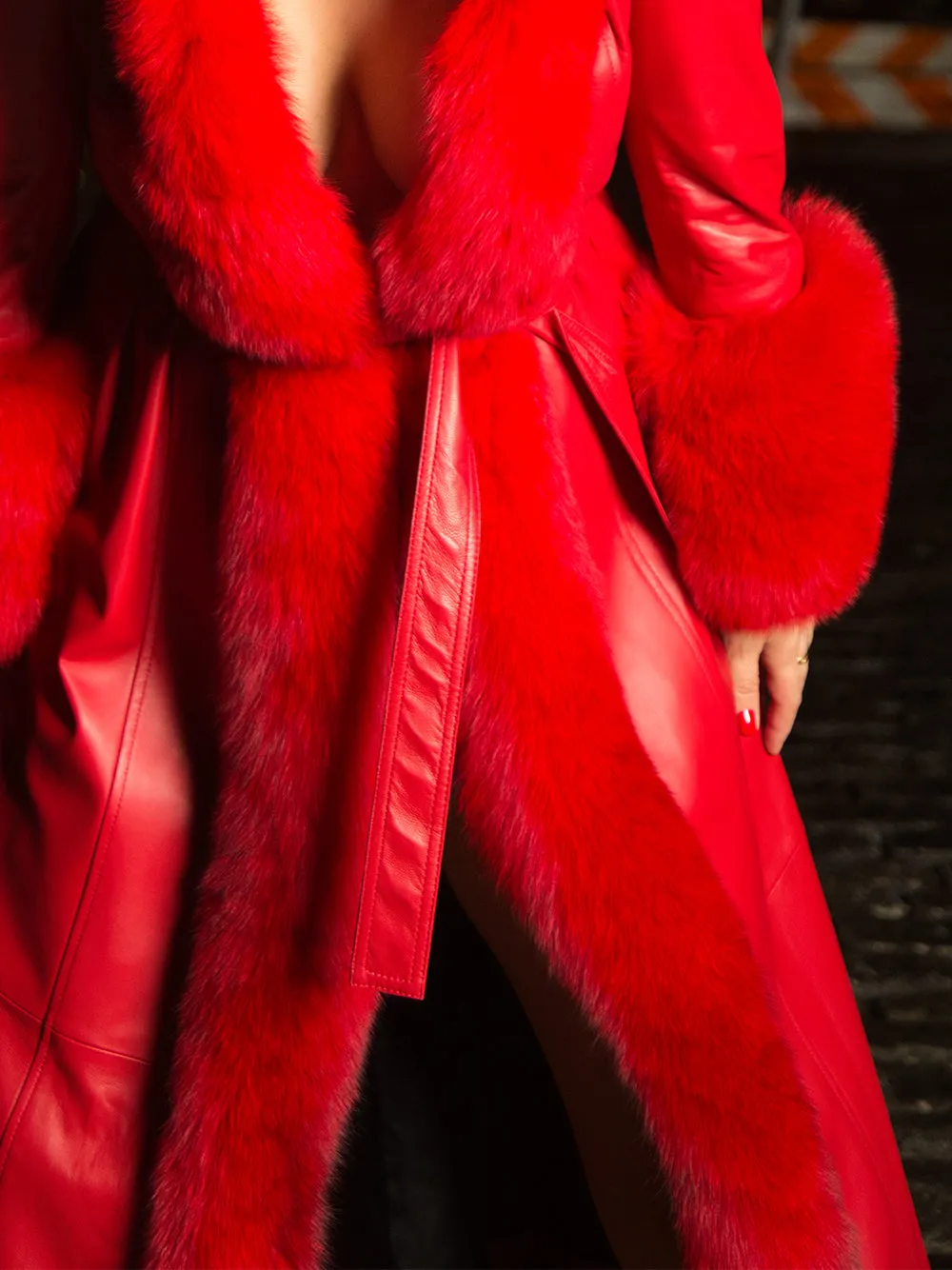 GUNZ Faux Fur Genuine Leather Coat in Red