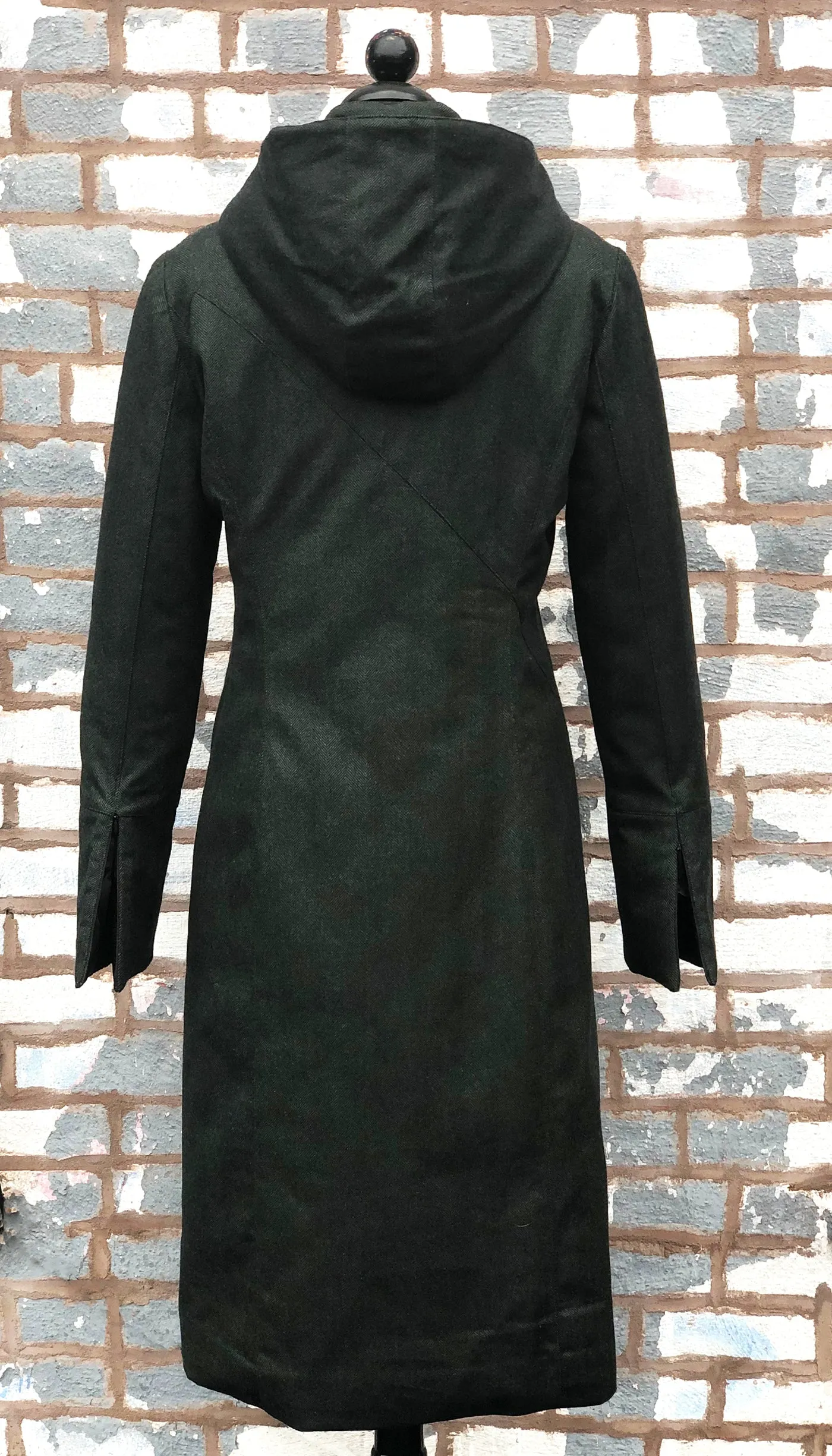 Hooded Mock Neck Zip Maxi Coat w/ Thinsulate Quilted Liner/ Green Wool Herringbone