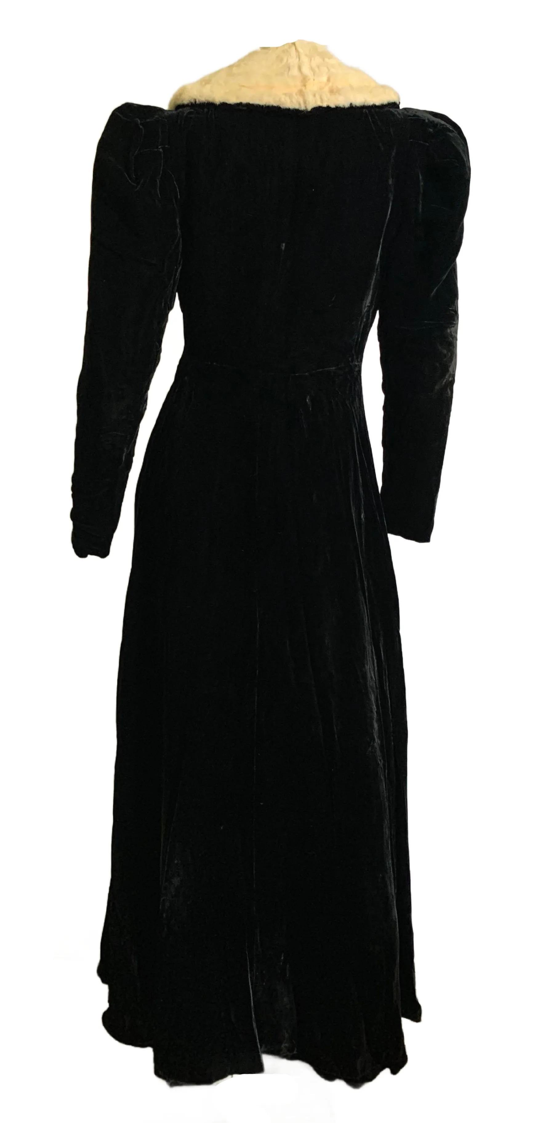 Iconic Black Velvet Princess Line Opera Coat with Ermine Collar circa 1930s