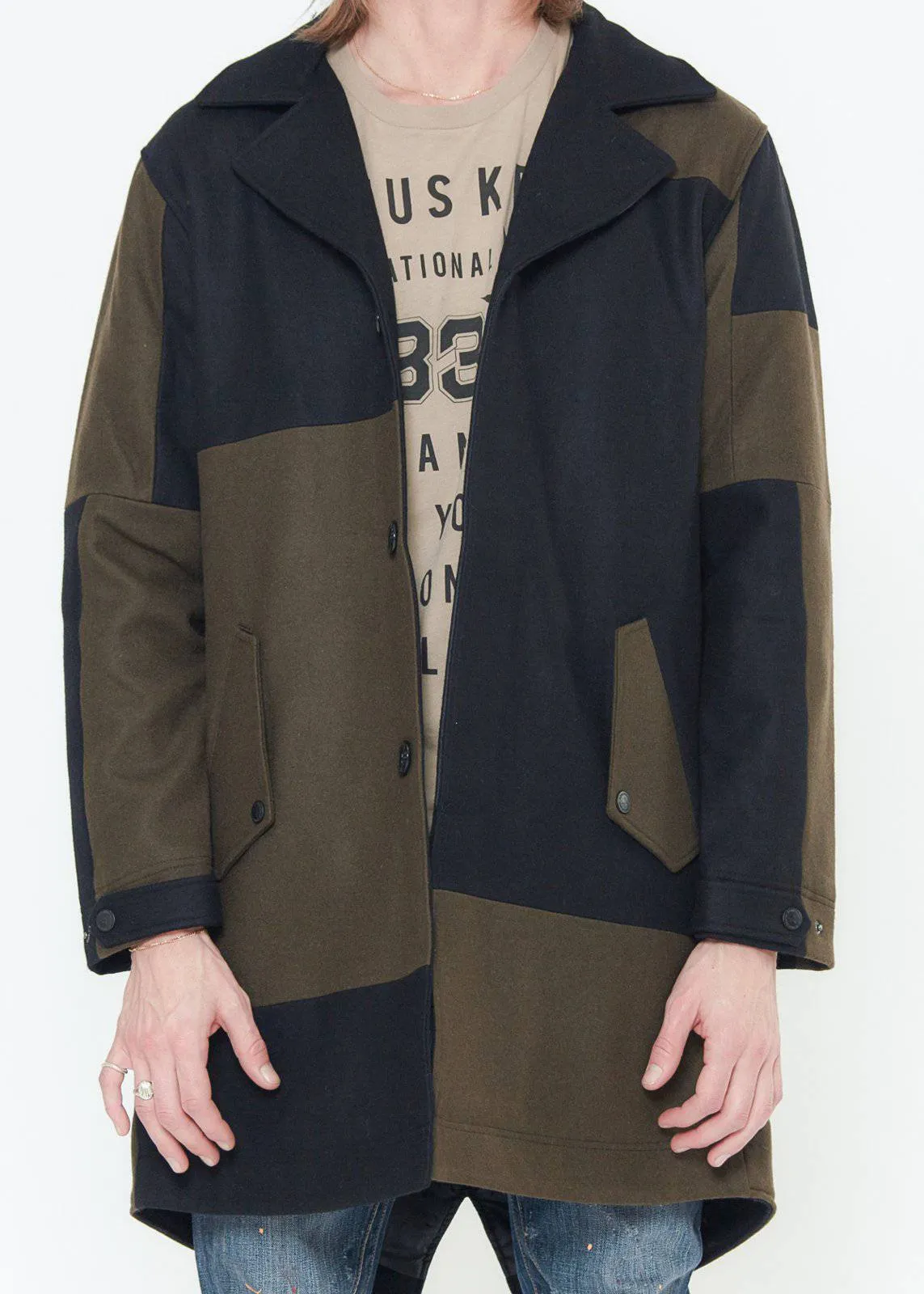 Konus Men's Geometric Panelled Wool Coat in Olive