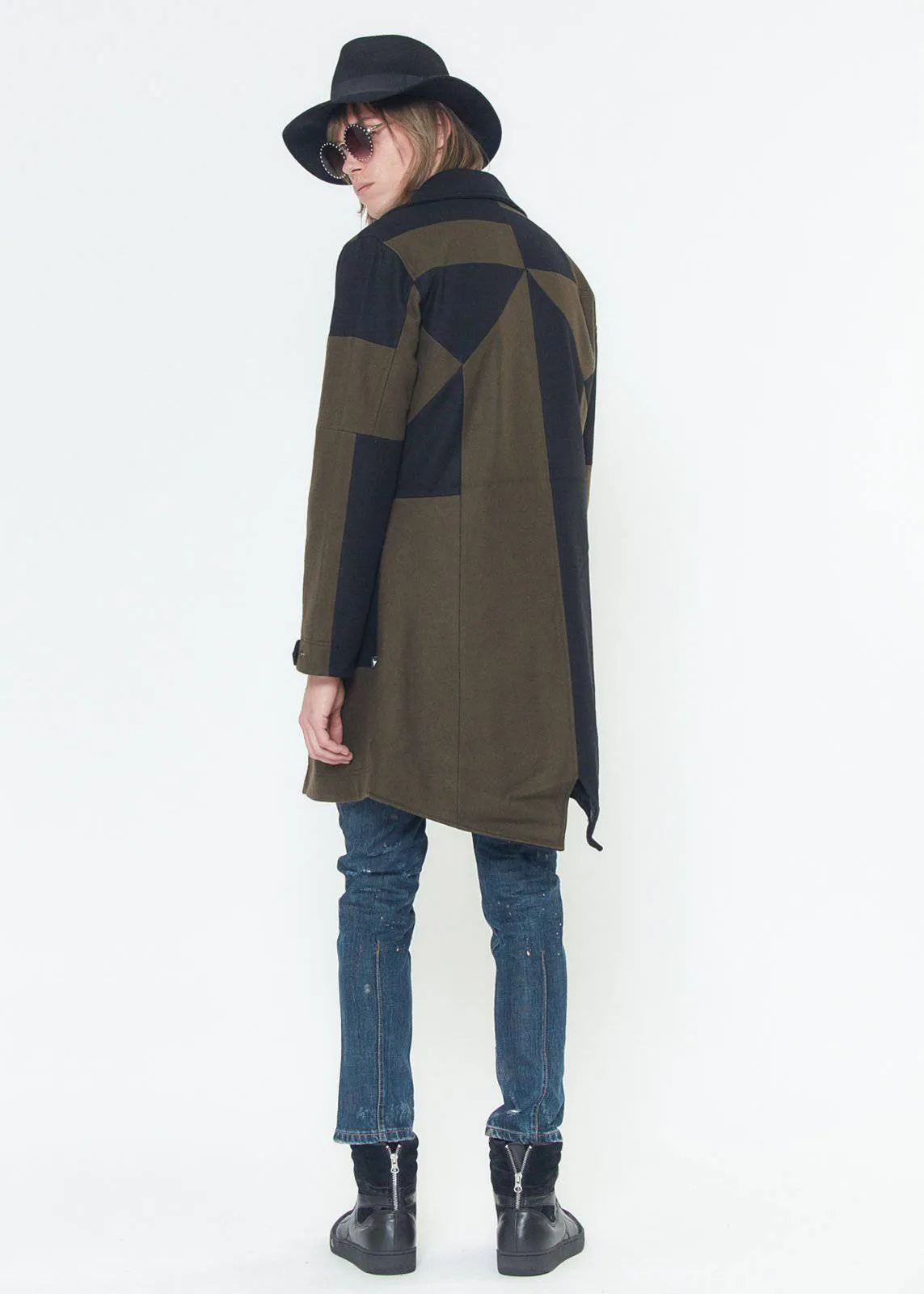 Konus Men's Geometric Panelled Wool Coat in Olive