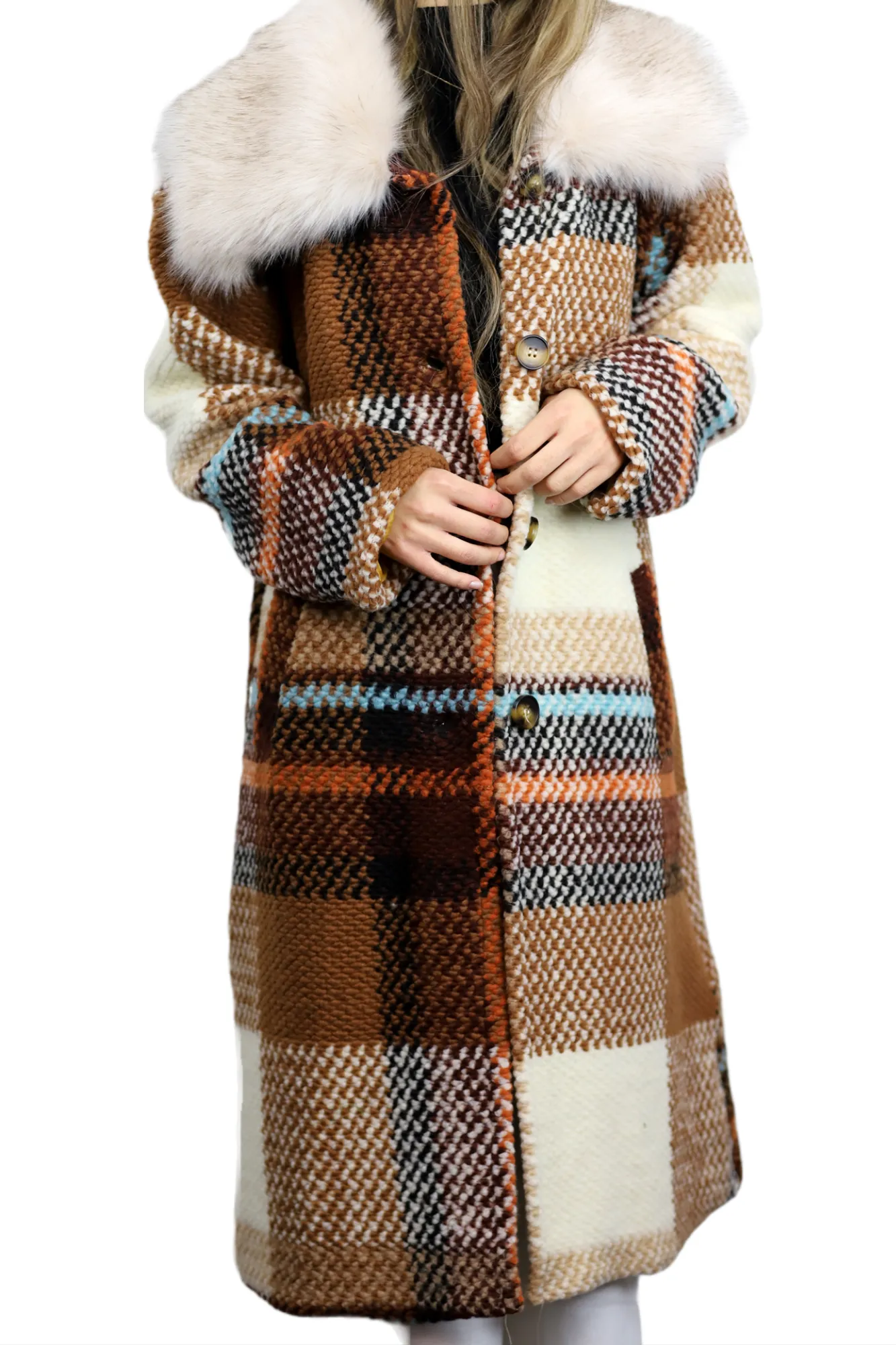 La Fiorentina Long Plaid Wool Coat w/ Faux Fur Trim - Brown/Ivory