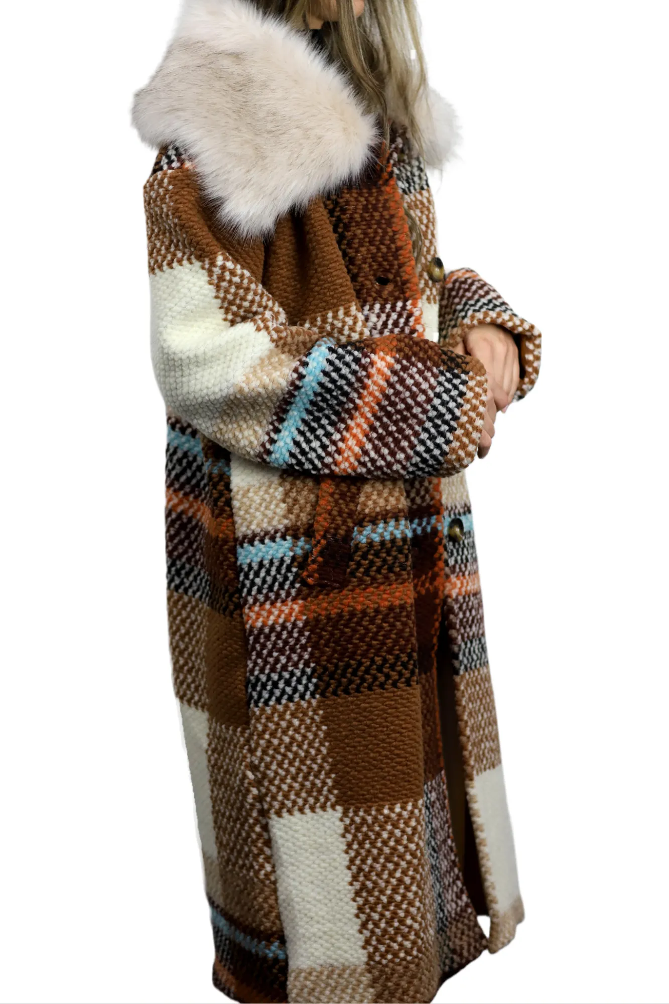 La Fiorentina Long Plaid Wool Coat w/ Faux Fur Trim - Brown/Ivory