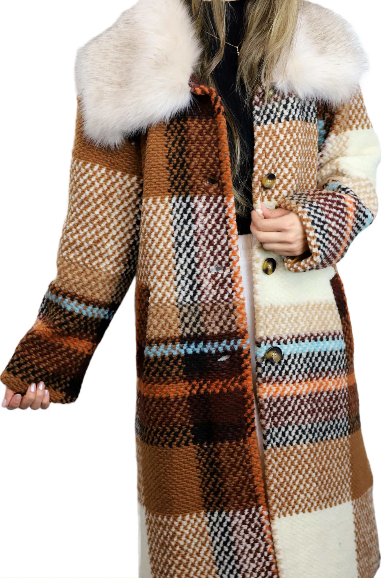 La Fiorentina Long Plaid Wool Coat w/ Faux Fur Trim - Brown/Ivory